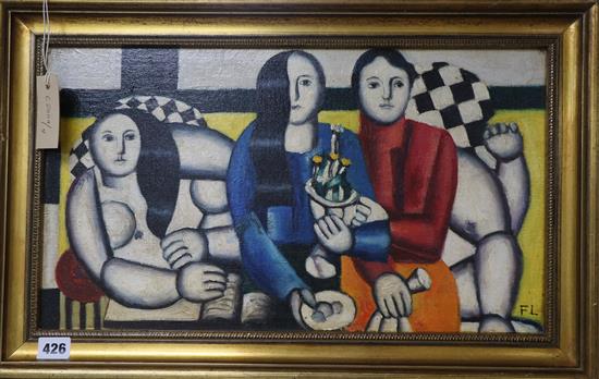 After Fernand Leger, oil on canvas board, Study of three women, bears initials, 28 x 49cm